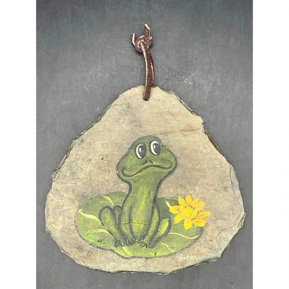 Vtg Slate Plaque Frog On‎ Lily Pad-Signed Porch Decor-Collector Cottagecore 5
